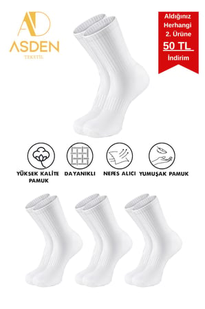 Erkek Kolej Tenis Çorap (coton) Beyaz 3'lü Paket, Dikişsiz, Yıkamalı, Yumuşak Premium, 40-45