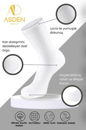 Erkek Kolej Tenis Çorap (coton) Beyaz 3'lü Paket, Dikişsiz, Yıkamalı, Yumuşak Premium, 40-45
