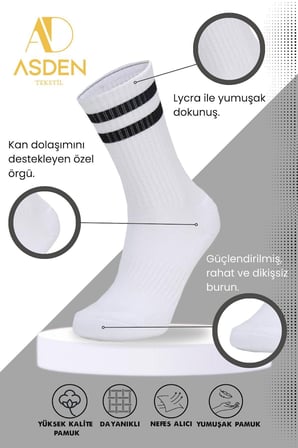 Bambu Erkek Kolej Tenis Çorap (Beyaz) 3'lü Paket, Dikişsiz, Yıkamalı, Yumuşak Premium, 40-45