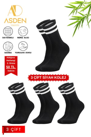 Kadın Bambu Kolej Tenis Çorap (Siyah) 3'lü Paket, Dikişsiz, Yıkamalı, Yumuşak Premium, 36-40