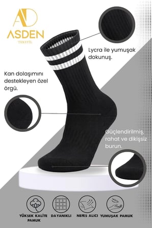 Erkek Bambu Kolej Tenis Çorap (Siyah) 3'lü Paket, Dikişsiz, Yıkamalı, Yumuşak Premium, 40-45
