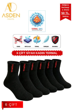 Termal Erkek Kısa Konç Çorap Siyah 6'lı Paket, Pamuklu Havlu, Burun Dikişsiz, Kışlık Yumuşak Premium, 40-45