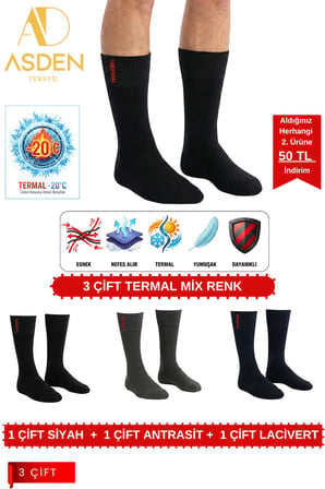 Termal Erkek Çorap Mix 3'lü Paket, Pamuklu Havlu Örgü, Dikişsiz, 40-45