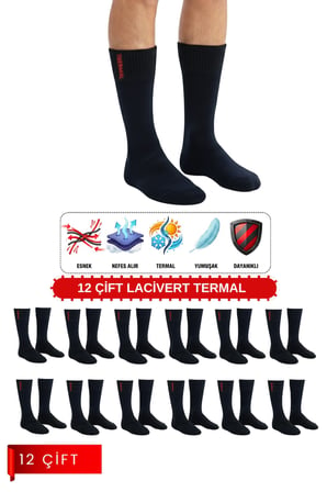 Termal Erkek Soket Çorap Lacivert 12'li Paket, Ekstra Kalın Pamuklu Havlu, Burun Dikişsiz, Yumuşak Premium, 40-45