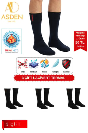 Termal Erkek Çorap Lacivert 3'lü Paket, Pamuklu, Dikişsiz, 40-45