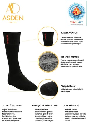 Termal Erkek Çorap Sİyah 3'lü Paket, Pamuklu Havlu, Dikişsiz, 40-45