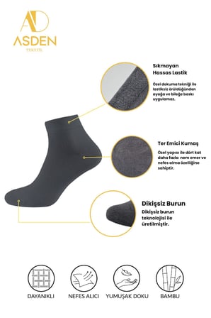 Bambu Kadın Kısa Konç Çorap Gri 6'lı Paket, Burun Dikişsiz, Yıkamalı, 36-40