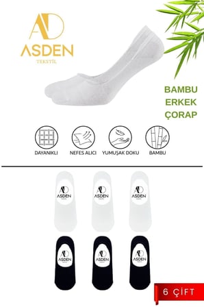 Bambu Kadın Babet Çorap 3 Siyah- 3 Beyaz 6'lı Paket, Dikişsiz, Kaydırmaz Silikonlu Topuk, 36-40