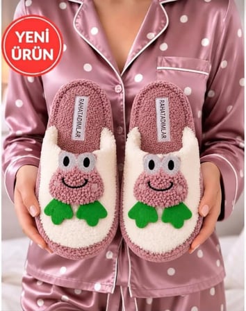 Rahatadimlar Kadın Terlik Peluş Mürdüm Kurbağa Kışlık Günlük Önü Kapalı Kaymaz Taban