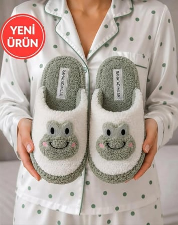 Rahatadimlar Kadın Terlik Peluş Yeşil Kurbağa Kışlık Günlük Önü Kapalı Kaymaz Taban