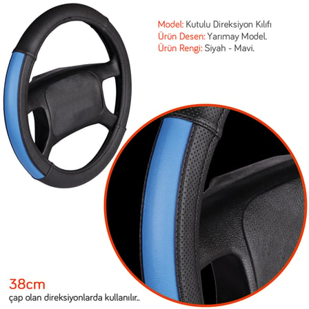 NYF F-47 Geçmeli Direksiyon Kılıfı Yarımay Siyah-Mavi 38 cm