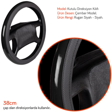 NYF F-165 Geçmeli Direksiyon Kılıfı Çember Rugan Siyah 38 cm