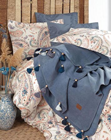 Boho Chic Çift Kişilik Püsküllü Battaniyeli Nevresim Seti - Cobalt Mavi