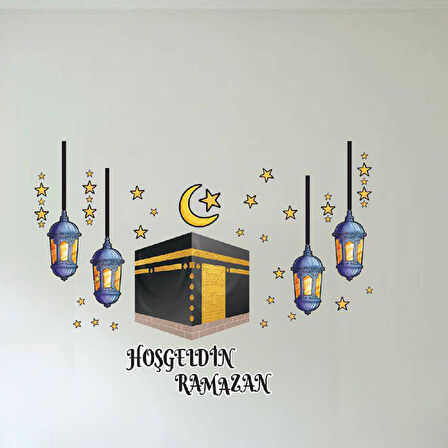 Kabe Temalı Yıldızlı Fenerli Hoşgeldin Ramazan Dekoratif Cam Duvar Sticker Seti