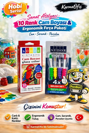 Sanat Atölyesi 10 Renk Cam Boyası Seti + Ergonomik Fırça | Cam, Seramik & Porselen Boyama Seti