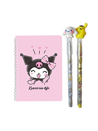 Pembe Kuromi Not Defteri + Cinnamoroll Figürlü Kalem + Pompompurin Figürlü Kalem, Kromi, Sinamorol, Cinamorol (3 Parça)