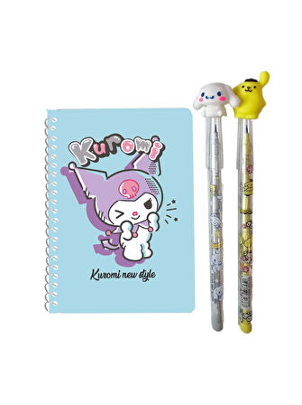 Mavi Kuromi Not Defteri + Cinnamoroll Figürlü Kalem + Pompompurin Figürlü Kalem, Kromi, Sinamorol, Cinamorol (3 Parça)