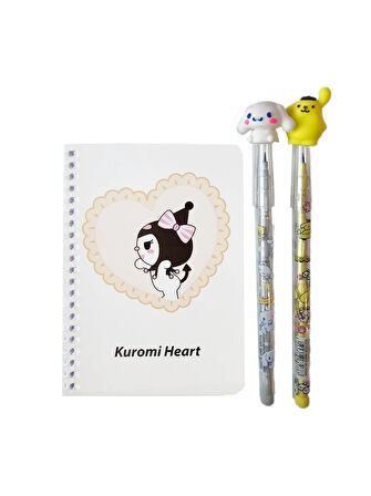 Beyaz Kuromi Not Defteri + Cinnamoroll Figürlü Kalem + Pompompurin Figürlü Kalem, Kromi, Sinamorol, Cinamorol (3 Parça)