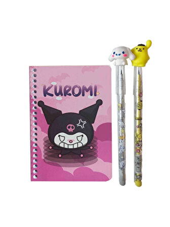 Fuşya Kuromi Not Defteri + Cinnamoroll Figürlü Kalem + Pompompurin Figürlü Kalem, Kromi, Sinamorol, Cinamorol (3 Parça)