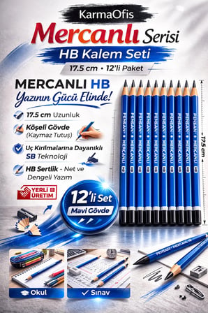 Mercanlı HB Kurşun Kalem Mavi Tek Renk 12 Adet, Köşeli Gövde, 17.5 cm
