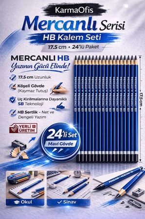 Mercanlı HB Kurşun Kalem Mavi Tek Renk 24 Adet, Köşeli Gövde, 17.5 cm