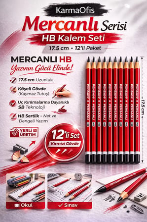 Mercanlı HB Kurşun Kalem Kırmızı Tek Renk 12 Adet, Köşeli Gövde, 17.5 cm