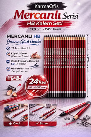 Mercanlı HB Kurşun Kalem Kırmızı Tek Renk 24 Adet, Köşeli Gövde, 17.5 cm
