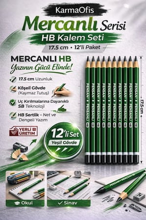 Mercanlı HB Kurşun Kalem Yeşil Tek Renk 12 Adet, Köşeli Gövde, 17.5 cm