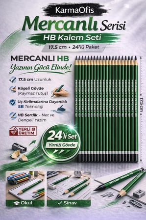 Mercanlı HB Kurşun Kalem Yeşil Tek Renk 24 Adet, Köşeli Gövde, 17.5 cm