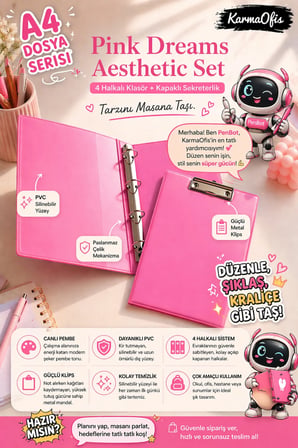 Pink Dreams Aesthetic Kırtasiye Seti A4 4 Halkalı Klasör + Kapaklı Sekreterlik Pembe PVC Dosya Organizer