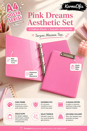 Pink Dreams Aesthetic Kırtasiye Seti A4 4 Halkalı Klasör + Kapaklı Sekreterlik Pembe PVC Dosya Organizer
