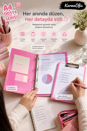 Pink Dreams Aesthetic Kırtasiye Seti A4 4 Halkalı Klasör + Kapaklı Sekreterlik Pembe PVC Dosya Organizer
