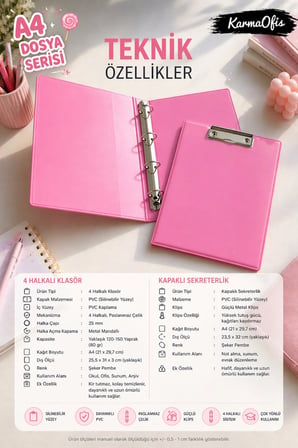 Pink Dreams Aesthetic Kırtasiye Seti A4 4 Halkalı Klasör + Kapaklı Sekreterlik Pembe PVC Dosya Organizer