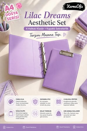 Lilac Dreams Aesthetic Kırtasiye Seti A4 4 Halkalı Klasör + Kapaklı Sekreterlik Pembe PVC Dosya Organizer