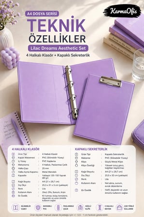 Lilac Dreams Aesthetic Kırtasiye Seti A4 4 Halkalı Klasör + Kapaklı Sekreterlik Pembe PVC Dosya Organizer