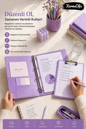 Lilac Dreams Aesthetic Kırtasiye Seti A4 4 Halkalı Klasör + Kapaklı Sekreterlik Pembe PVC Dosya Organizer