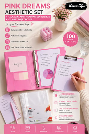 Pink Dreams Aesthetic Kırtasiye Seti A4 4 Halkalı Klasör + Kapaklı Sekreterlik + 100 Adet Poşet Dosya Pembe PVC Organizer Set