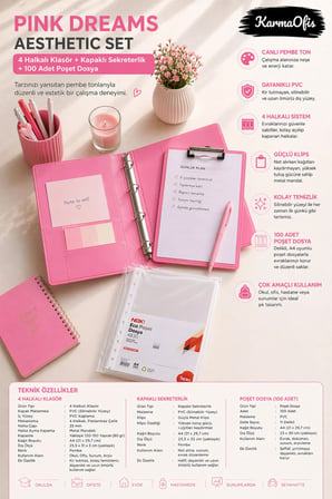 Pink Dreams Aesthetic Kırtasiye Seti A4 4 Halkalı Klasör + Kapaklı Sekreterlik + 100 Adet Poşet Dosya Pembe PVC Organizer Set