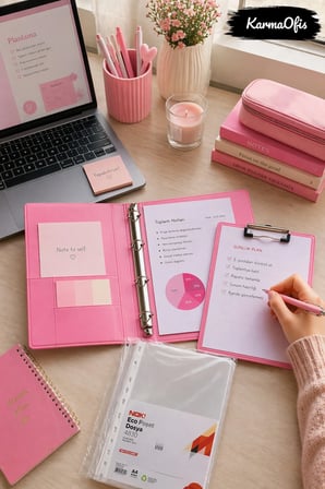 Pink Dreams Aesthetic Kırtasiye Seti A4 4 Halkalı Klasör + Kapaklı Sekreterlik + 100 Adet Poşet Dosya Pembe PVC Organizer Set