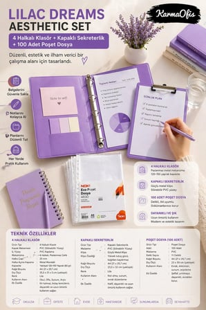 Lilac Dreams Aesthetic Kırtasiye Seti A4 4 Halkalı Klasör + Kapaklı Sekreterlik + 100 Adet Poşet Dosya Pembe PVC Organizer Set