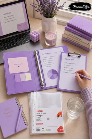 Lilac Dreams Aesthetic Kırtasiye Seti A4 4 Halkalı Klasör + Kapaklı Sekreterlik + 100 Adet Poşet Dosya Pembe PVC Organizer Set