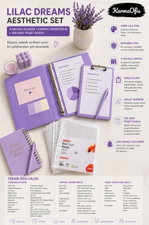 Lilac Dreams Aesthetic Kırtasiye Seti A4 4 Halkalı Klasör + Kapaklı Sekreterlik + 100 Adet Poşet Dosya Pembe PVC Organizer Set