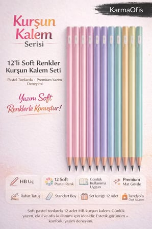 12’li Soft Pastel Kurşun Kalem Seti – HB Uç, Premium Mat Gövde, Ofis & Okul İçin Renkli Kalem