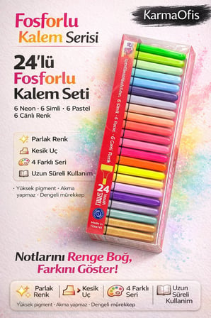 24’lü Fosforlu Kalem Seti – Neon, Pastel, Simli & Canlı Renkler