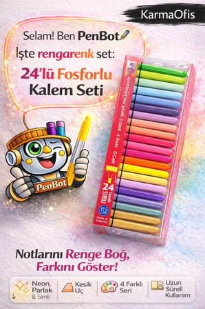 24’lü Fosforlu Kalem Seti – Neon, Pastel, Simli & Canlı Renkler