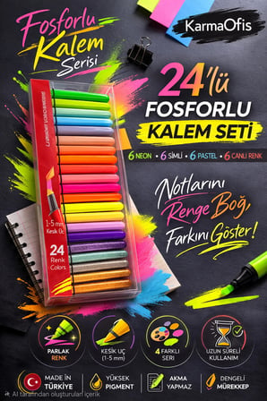 24’lü Fosforlu Kalem Seti – Neon, Pastel, Simli & Canlı Renkler