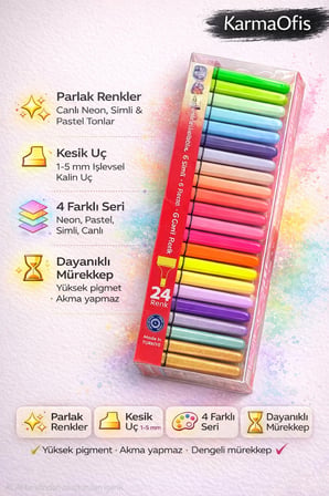 24’lü Fosforlu Kalem Seti – Neon, Pastel, Simli & Canlı Renkler