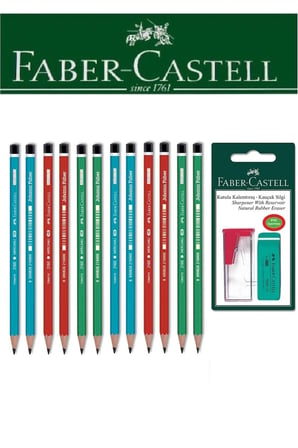 Faber-Castell 12'li Mercanlı Kurşun Kalem ve Kutulu Kalemtıraş+Silgi Seti Blister