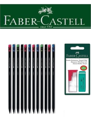 Faber-Castell 12'li Siyah Lata Kurşun Kalem ve Kutulu Kalemtıraş+Silgi Seti Blister
