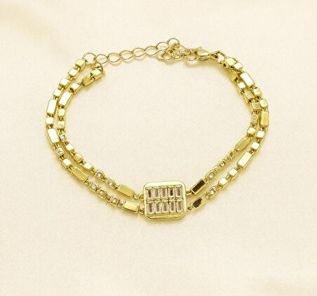 Çift Sıralı Baget Taşlı Altın Renk Bileklik